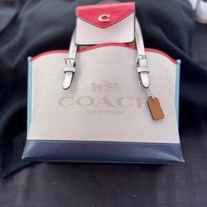 Coach Cream and Red Tote Bag with Color-Block Design